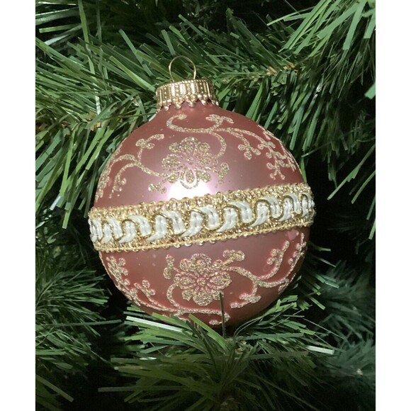 3 Krebs PINK GOLD Glitter Lace RIBBON Floral Christmas BALLS SHABBY Victorian - Picture 1 of 15